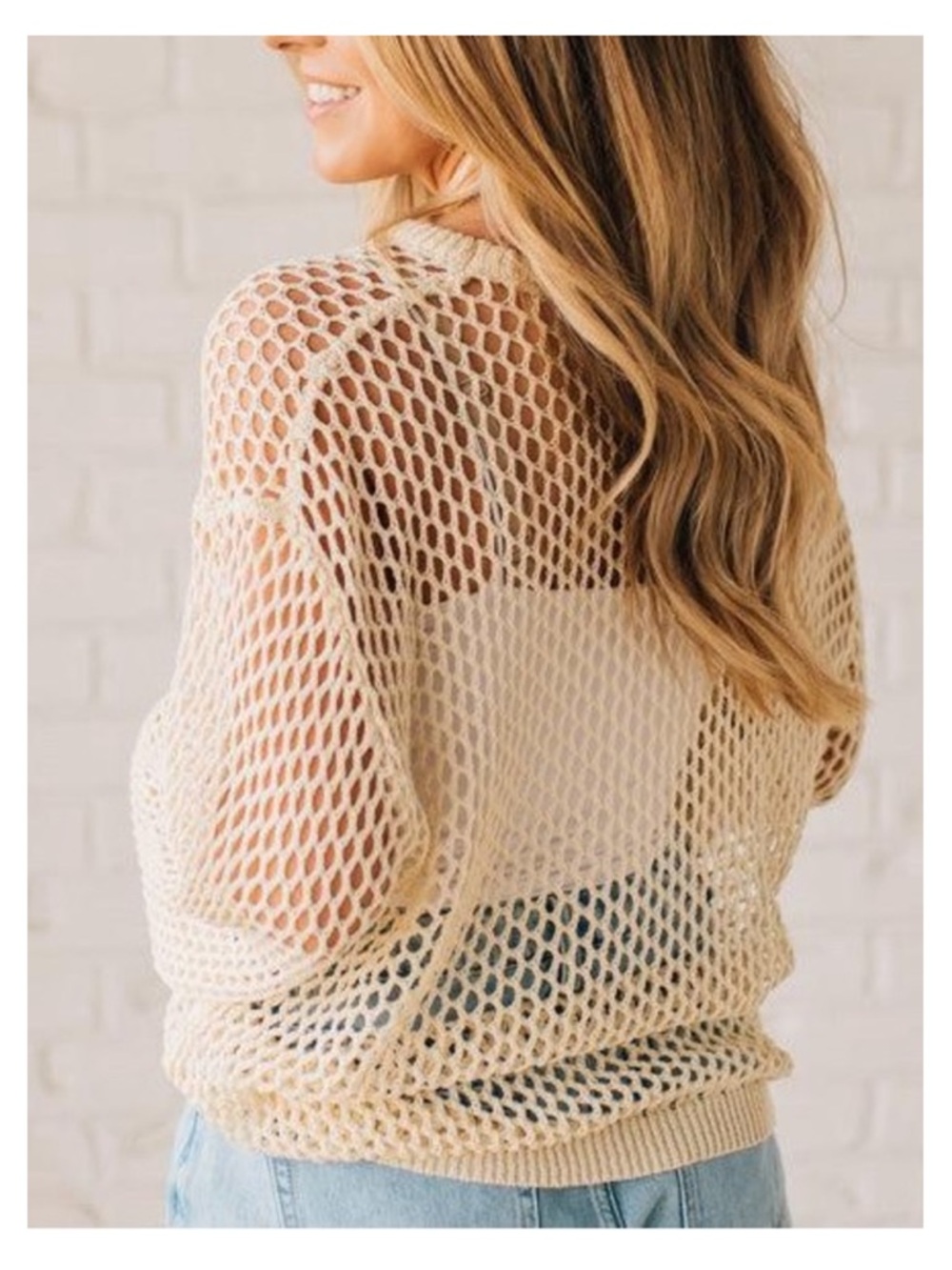 🟠NWT BIBI Open Knit Drop Shoulder Pullover in Cream MED - Picture 2 of 11